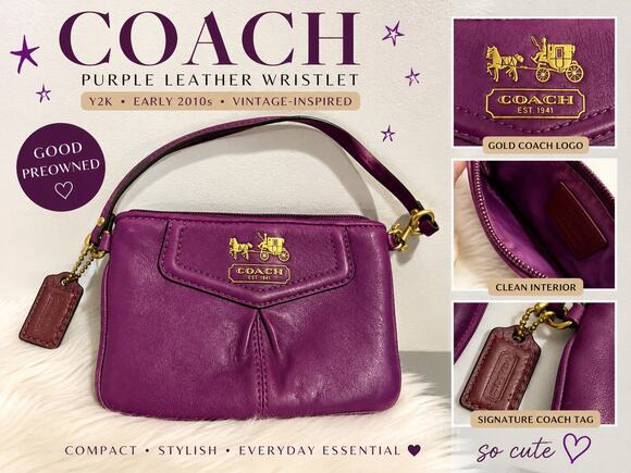 Coach Handbags - Coach Purple Leather Wristlet Bag with Gold-Tone Hardware